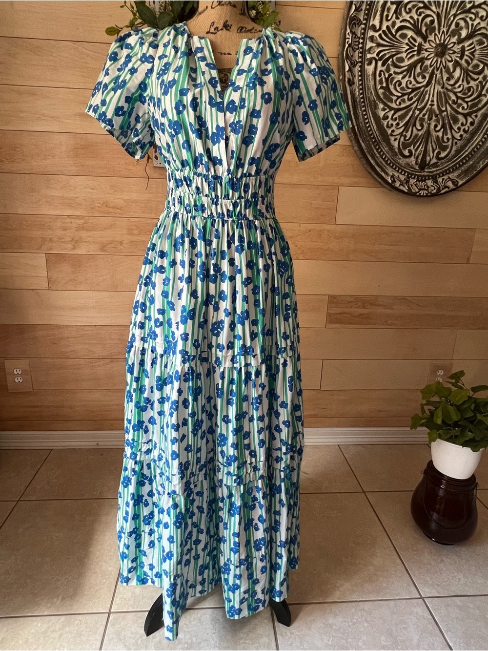 Anthropologie Blue and Green Floral Tiered Maxi Dress Designs Size XSmall